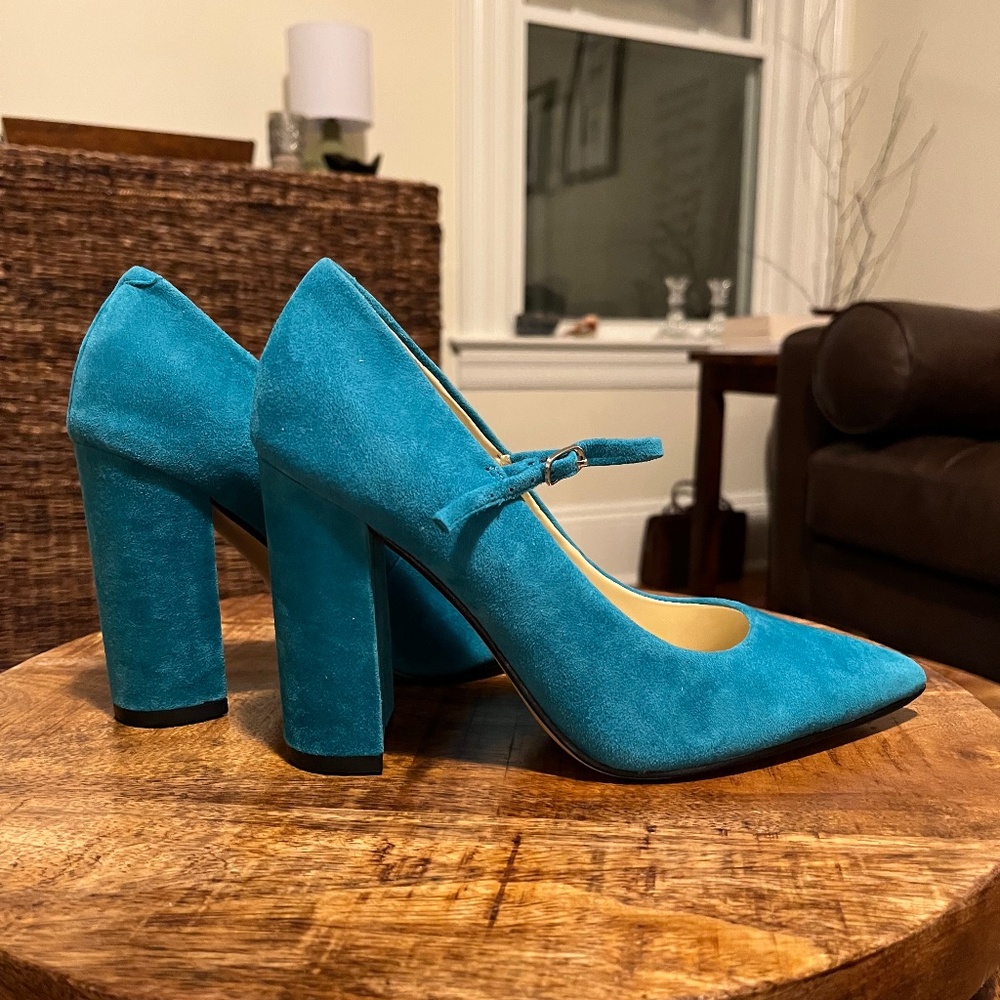 Nine West Carlien Blue Suede Chunky Heels
